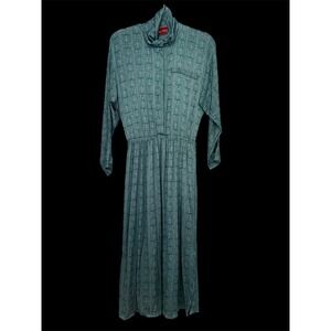 VTG MISS LAGOTTE BLUE GREEN SILKY LONG COWL NECK DRESS WEST GERMANY 38‎
